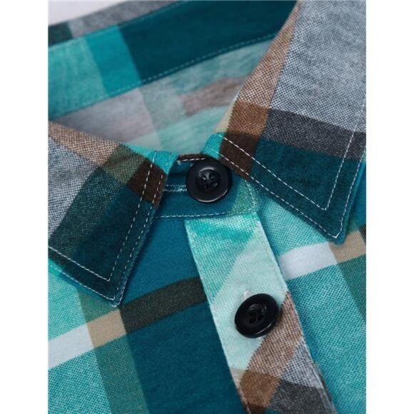 Womens Stretchy Knit Plaid Shirt - Roll Up‎ Long Sleeve Collared Button Down - Picture 4 of 7